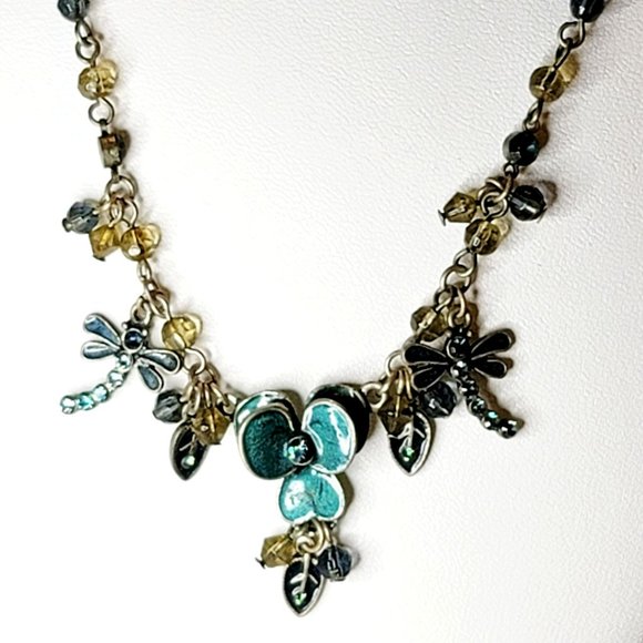 Pewter Tone Dragonfly Enamel Rhinestone Necklace Fashion Statement Jewelry CT217 - Picture 1 of 8